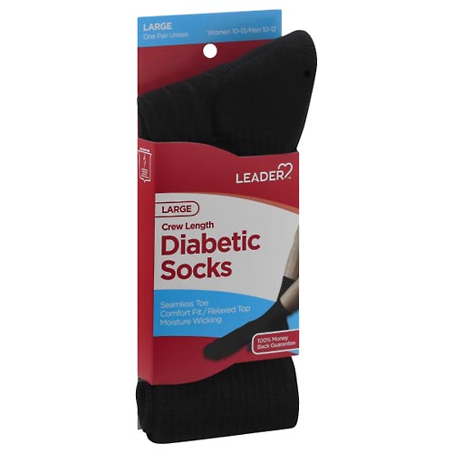 Image for Leader Diabetic Socks, Crew Length, Black, Large, Unisex,1pr from DOUGHERTY'S PHARMACY
