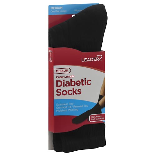 Image for Leader Diabetic Socks, Crew Length, Black, Unisex, Medium,1pr from DOUGHERTY'S PHARMACY
