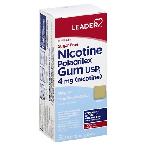 Image for Leader Nicotine Gum, Sugar Free, 4 mg, Stop Smoking Aid, Original,50ea from DOUGHERTY'S PHARMACY
