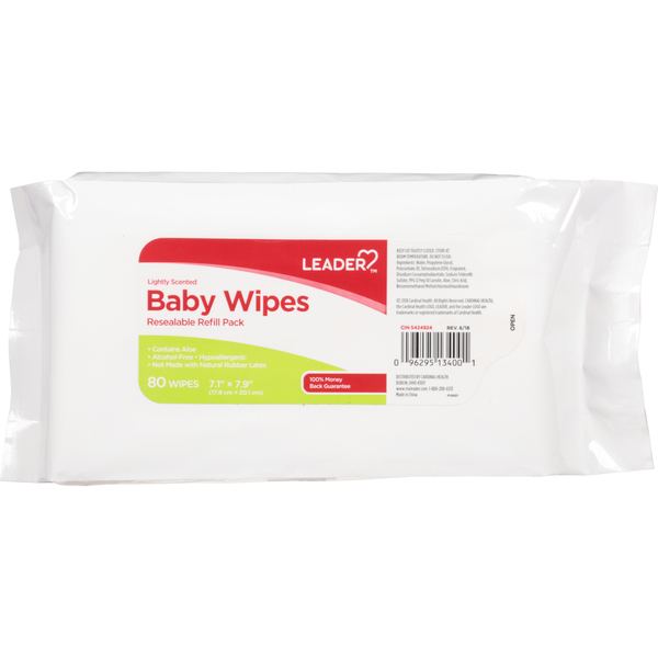 Image for Leader Baby Wipes, Lightly Scented, Resealable, Refill Pack, 80ea from DOUGHERTY'S PHARMACY